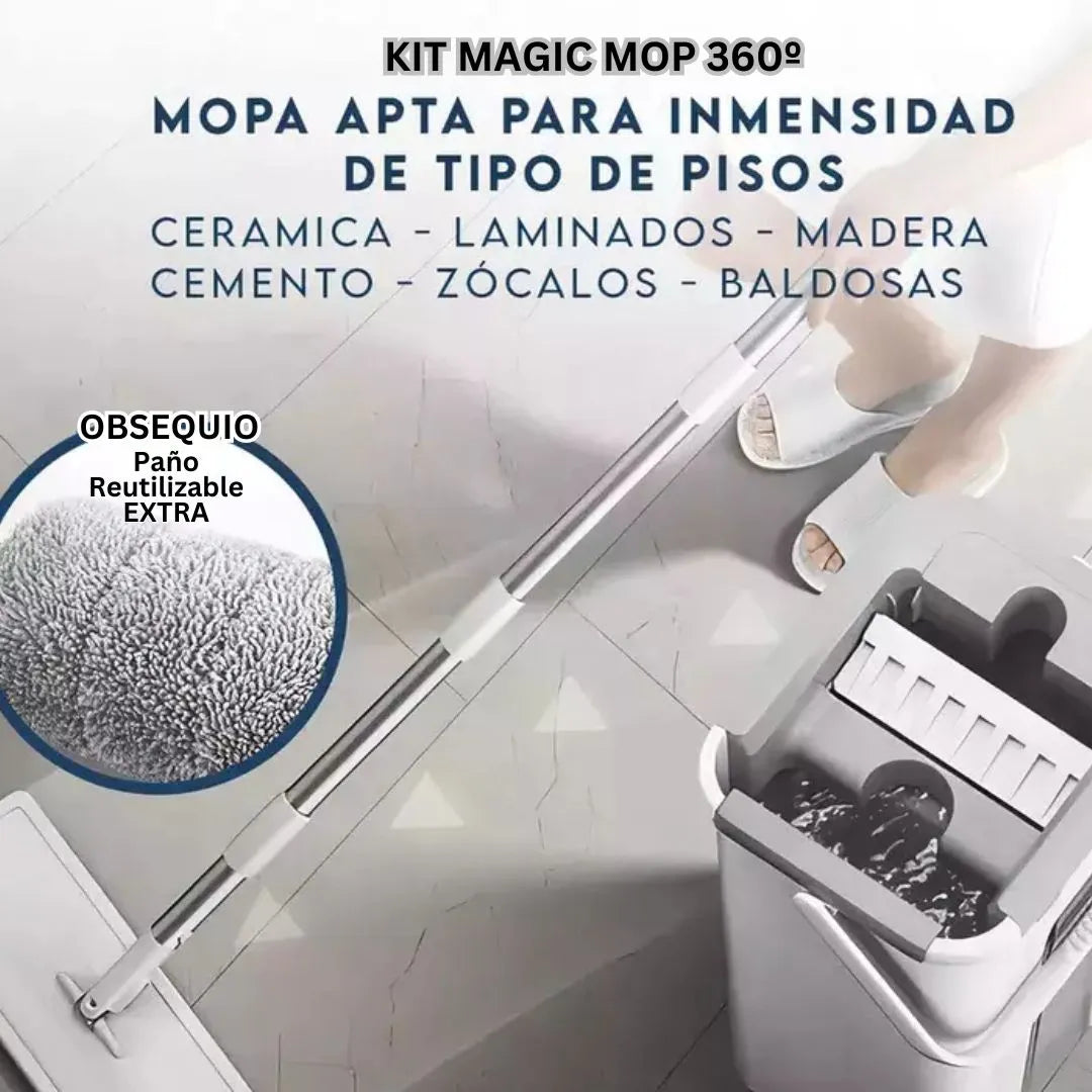 KIT MAGIC MOP 360º, TRAPEADOR + VALDE 2 EN 1 +  2 MOPAS REUTILIZABLES