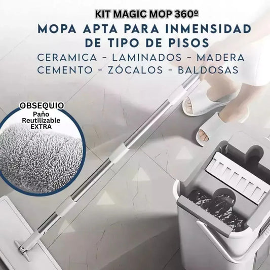 KIT MAGIC MOP 360º, TRAPEADOR + VALDE 2 EN 1 +  2 MOPAS REUTILIZABLES